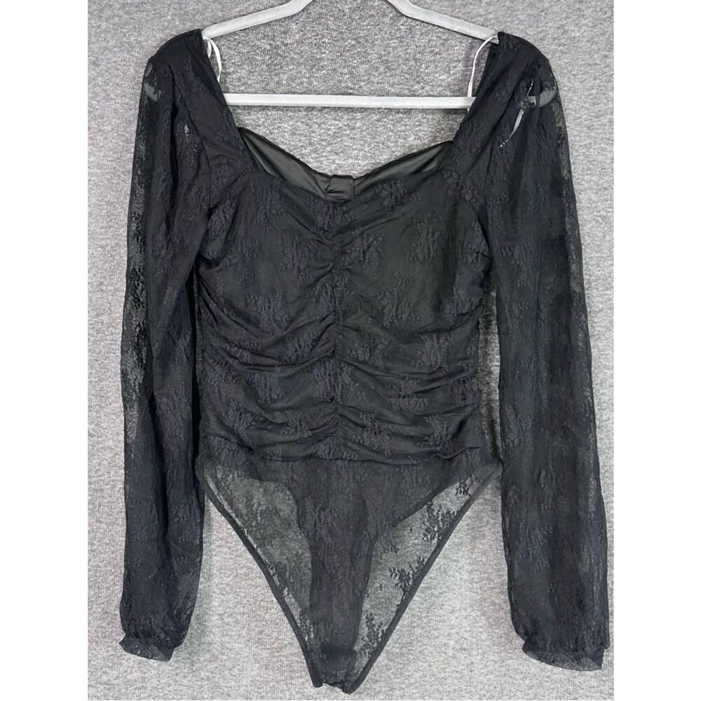 Lulus Sexy Black Lace Bodysuit Long Sleeve Sheer Ruched Size M NWT